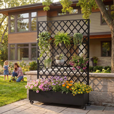 Lit de jardin surélevé en métal avec treillis et roues, 73 po x 47 po x 16 po Boîte à fleurs en métal galvanisé avec trous de drainage et écran d'intimité pour plantes grimpantes de balcon, légumes, vignes, noir