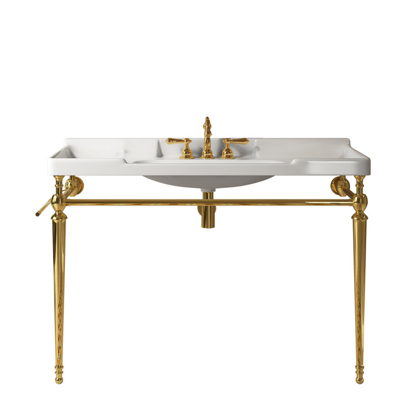 Meuble-lavabo mural 48 po avec lavabo en céramique et pieds en métal doré, Doré, 48", Blanc