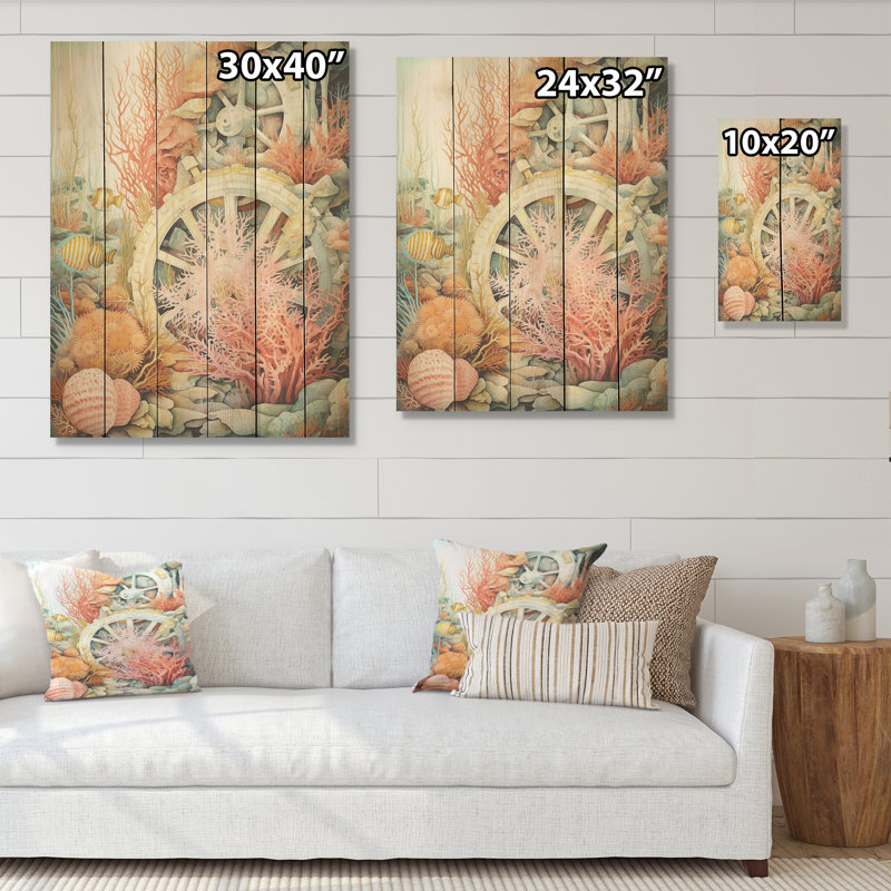 «Coral Pirate Wheel Memory I» - art mural bois de corail sous l'eau sur bois de pin naturel, H 32 po x l 24 po