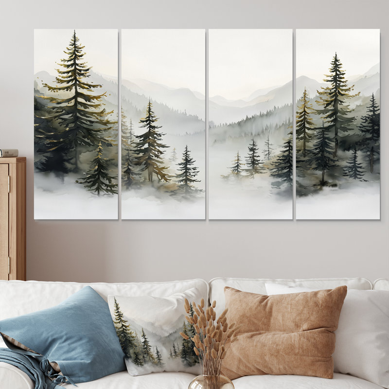 «Green Pine Trees Mist Morning III», ensemble d'art mural sur toile de pin, H 28 po x l 48 po