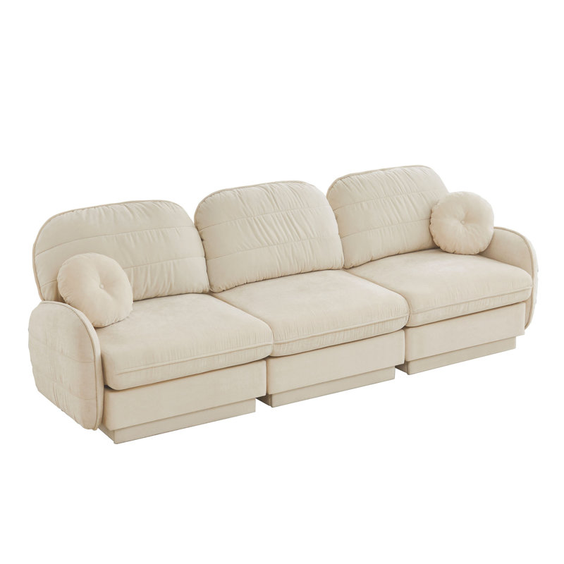 Canapé modulaire rembourré en chenille de 105 po avec 2 coussins ronds et une base encastrée, Beige