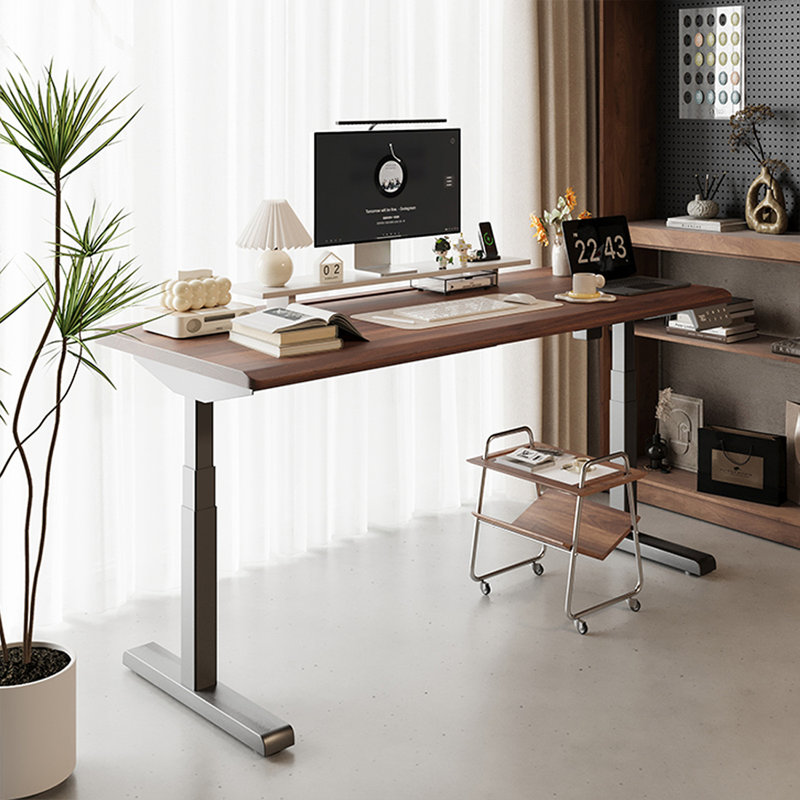 Brun noisette + bureau rectangulaire en bois massif noir réglable en hauteur + acier laminé à froid