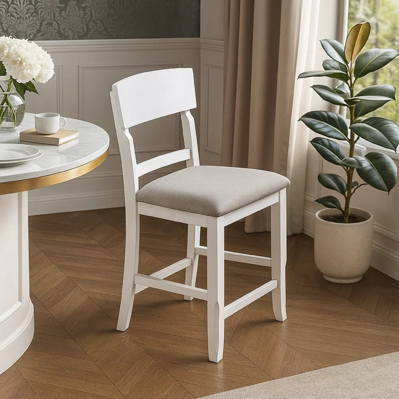 Keyan Counter Height Chair, Foam Gray Fabric Seat, Antique White Wood, White