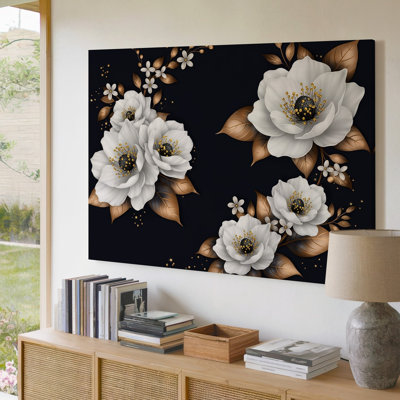 Toile Un arrangement floral saisissant présente de grandes fleurs blanches immaculées avec art mural, pétales délicats ornés chacun d'une toile d'art complexe