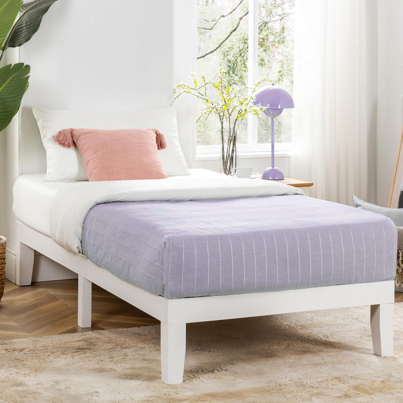Lit plateforme en bois massif blanc avec lattes en bois sans sommier simple à assembler 12 po classique, Simple