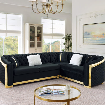 Black 106 Inches L-Shaped Sectional With Gold Accents, Velvet Upholstered Button Couch, 5 - Seat Luxury Living Room Furniture, High Density Sponge Filled Cushions, Easy To Assemble , Inches,