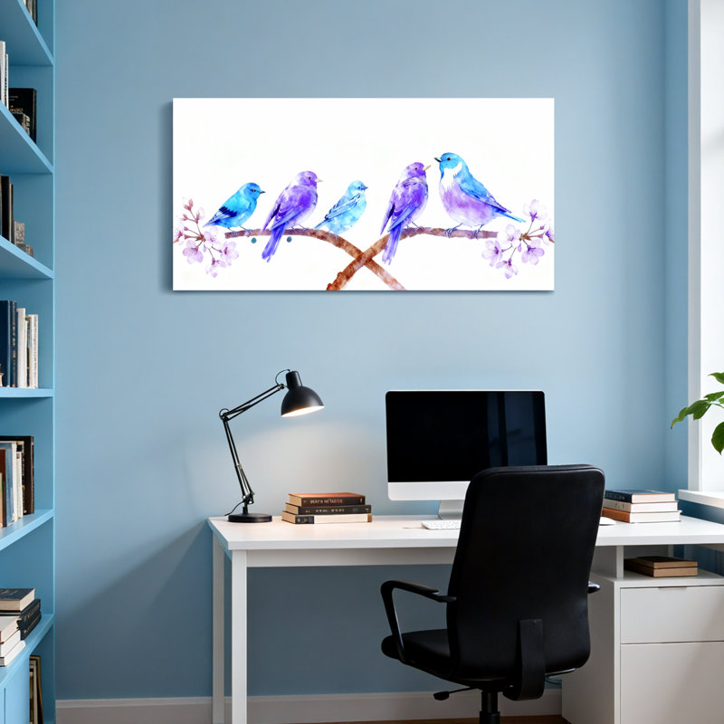 Animaux, aquarelles, oiseaux sur une branche avec fleurs, H 16 po x l 32 po