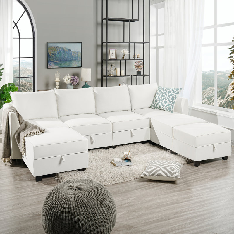 Ziniyah Convertible 4 Seater U-Shaped Modular Linen Sofa Sectional with 3 Ottoman for Living Room, White Down 100% Linen
