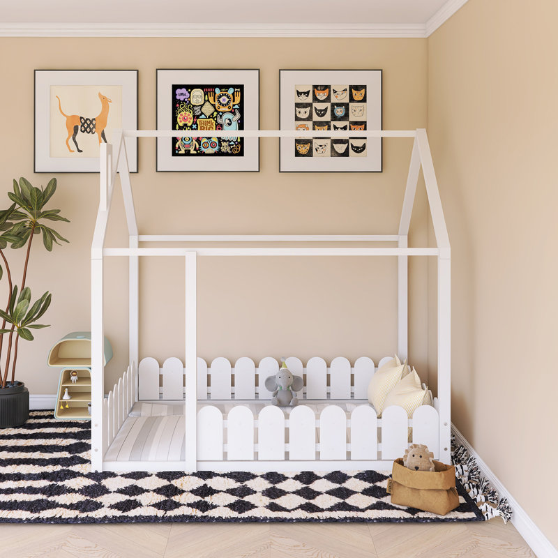 Wood Bed House Bed Frame With Fence, White , Full