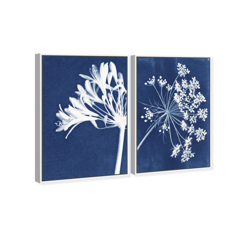 Cyan Flowers Set Set by Oliver Gal, 31"H x 46"W, White Floater Frame