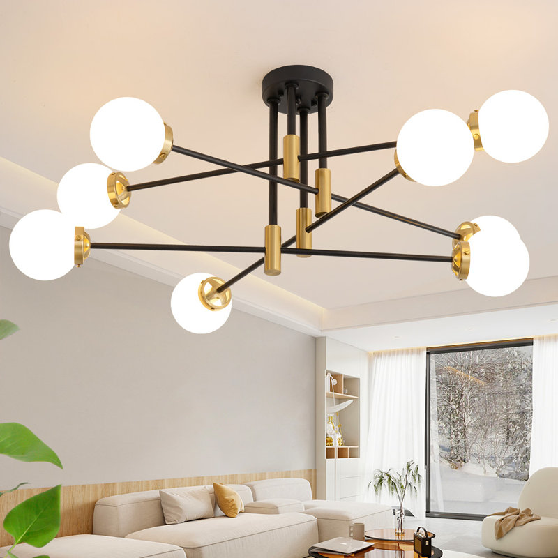 Surjit 8 - Light Sputnik Modern Linear Chandelier With Milky White Glass Shade, Matte Black/Gold