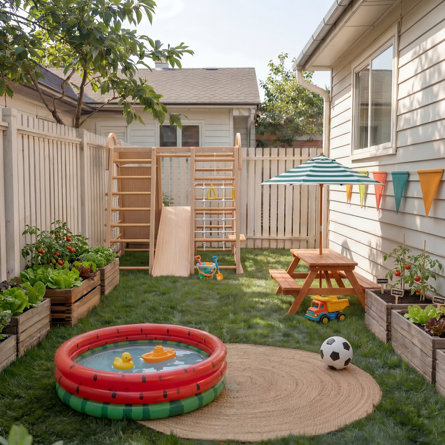 Colorful backyard play area featuring a wooden play structure, watermelon-themed inflatable pool with rubber ducks, picnic table with striped umbrella, raised garden beds, and children's toys