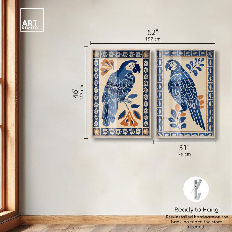 Azulejo Parrots Shadowbox Print Boho Abstract Art Set by Art Remedy, Black Frame, 10 x 15, 46" H x 31" W, Blonde Frame