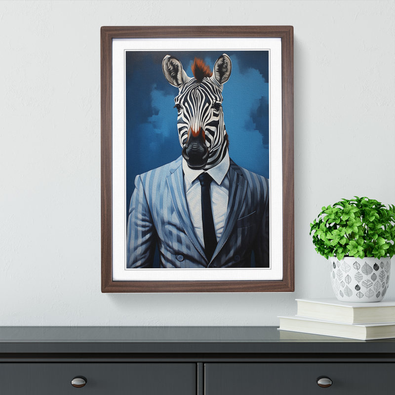 Zebra In A Suit Painting - Single Picture Frame Print on Wood, 64cm H x 46cm W x 2cm D, Walnut