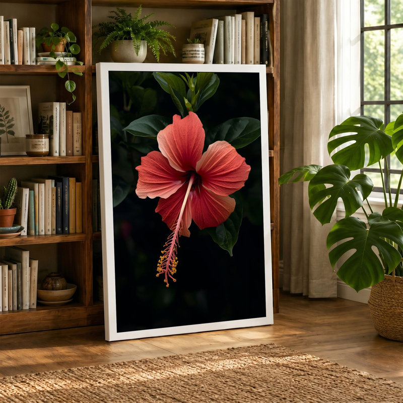 Crimson Hibiscus Botanical - Wrapped Canvas, Cream Border, 30x20 - 76.2 x 50.8 cm