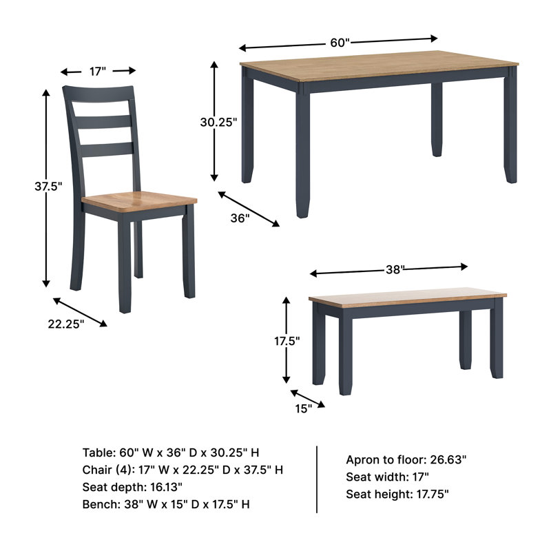 Malkin Dining Table With 4 Chairs And Bench, Set Of 6, Blue, Blue