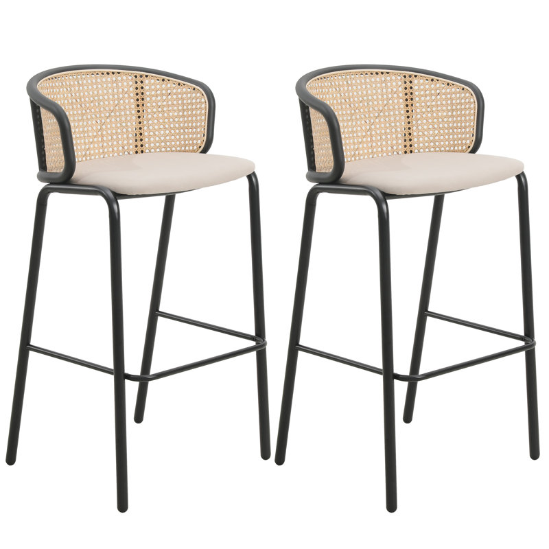 Daishun Modern Wicker Bar Stool with Fabric Seat and Black Powder Coated Steel Frame, Beige