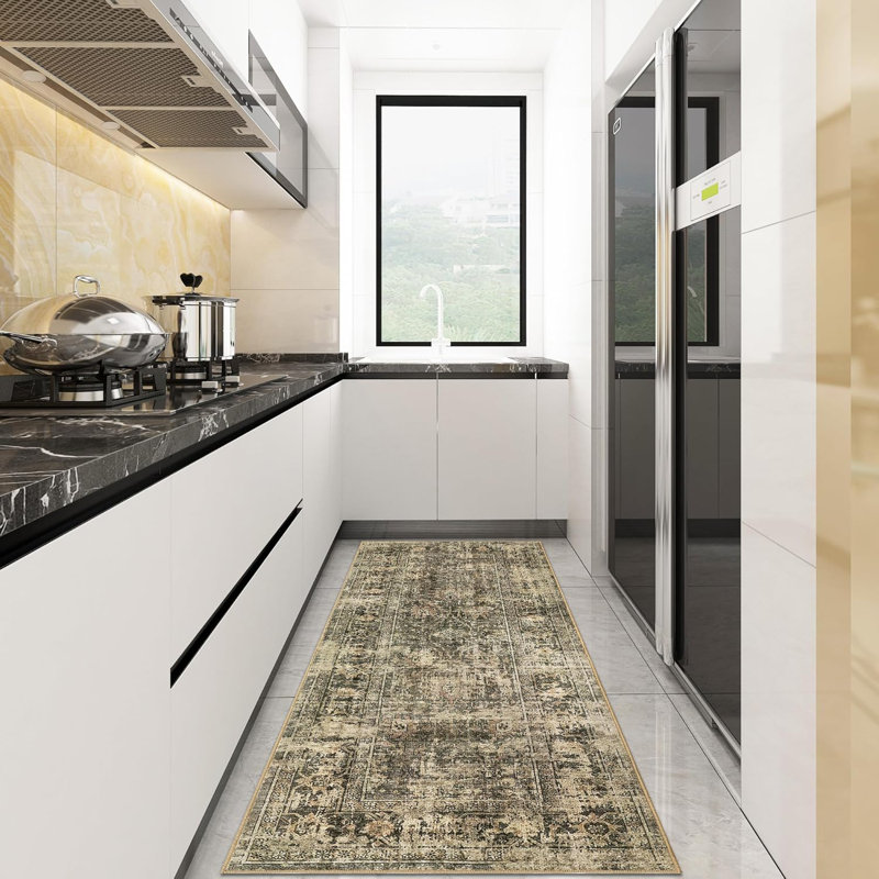 2x6 Runner Rug Washable Non-Slip Vintage Area Rug Hallway Bedroom Living Room Kitchen Soft Floor Runner Stain-Resistant Low Pile Laundry Room Green