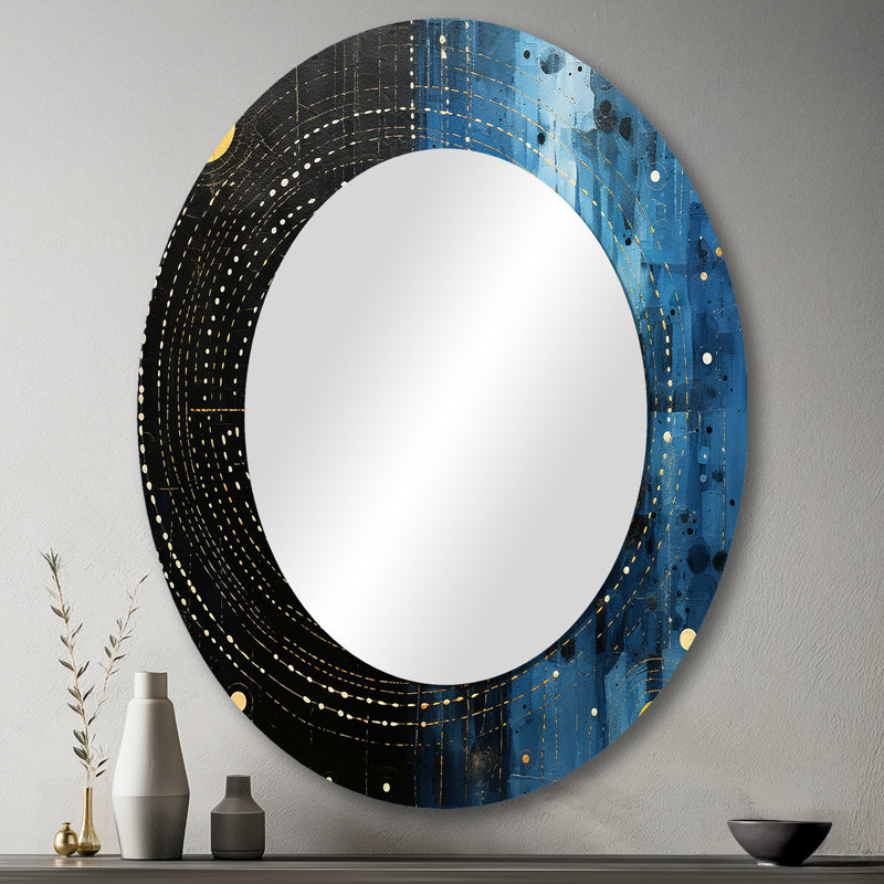 Miroir mural ovale bleu et noir abstrait minimaliste lignes bleues III, 43 po x 33 po