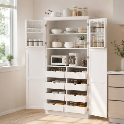 Four-door Tall Cabinet With Double-layer Shelves, Eight Pull-out Trays, And Adjustable Shelves 70.9-inch Tall Freestanding Kitchen Storage Cabinet