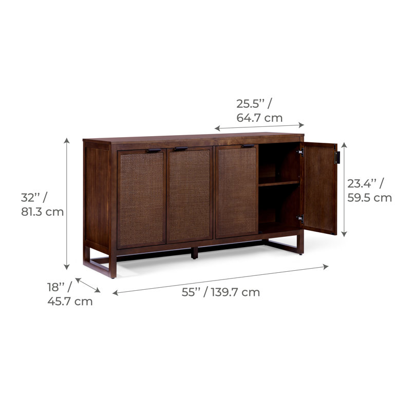 Buffet moderne en bois massif Ameer avec portes incrustées en rotin, tablettes réglables et rangement à fermeture en douceur - noyer