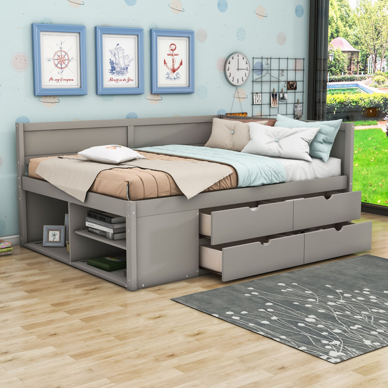 Wood Daybed with Drawers and Shelves, Gray, Full