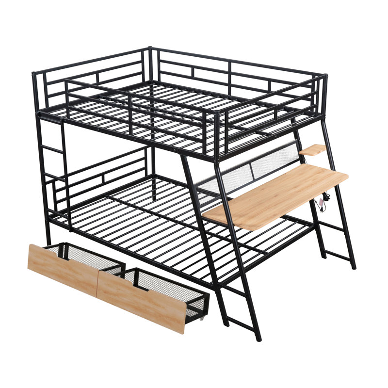 Lit superposé double / double en métal avec bureau intégré, léger et 2 tiroirs, noir