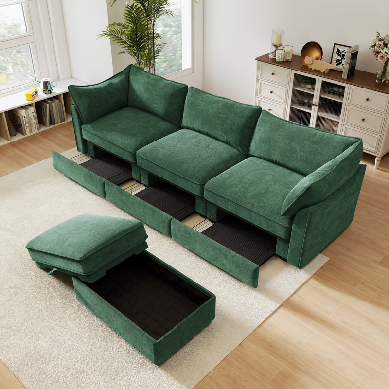 Canapé modulaire de 112,6 po avec repose-pieds mobile, canapés en L rembourrés avec tiroirs de rangement, accoudoirs en forme de croissant et dossier enveloppant