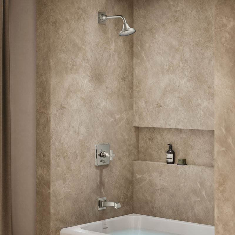 Pinstripe Pure Rite-Temp Pressure-Balancing Bath and Shower Faucet Trim, Vibrant Polished Nickel, Cross Handle