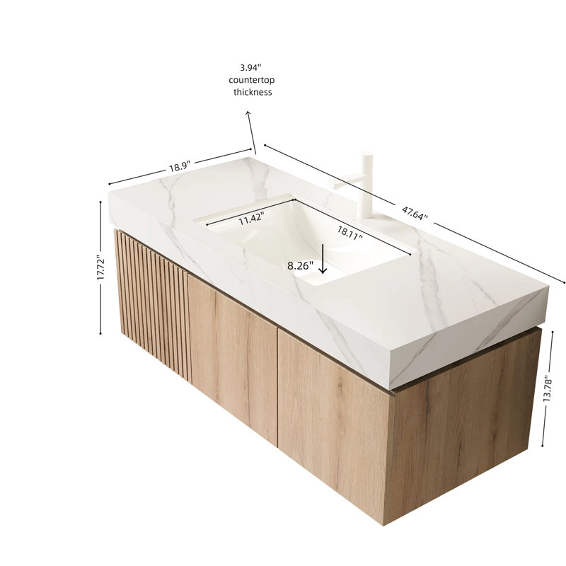 Meuble-lavabo de 48 po avec comptoir en pierre frittée blanche, lavabo en céramique, armoire et portes en contreplaqué flottant, pré-assemblé, utilisation fiable