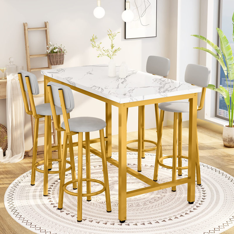 Industrial Bar Table Set with 4 PU Stools - Counter Height, Space-Saving 5-Piece Dining Set (43” L), White/Gold