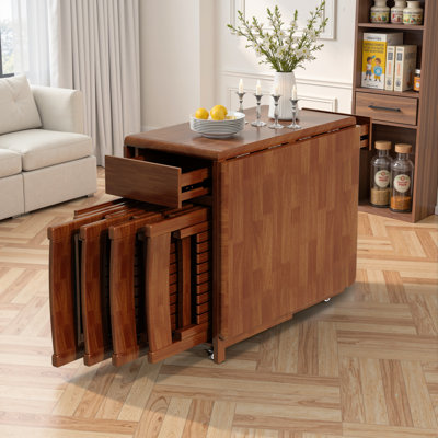 Folding Drop Leaf Dining Table and Chairs, Fully Assembled Solid Wood Space-Saving Kitchen Table and Chairs Set with Storage & Lockable Wheels