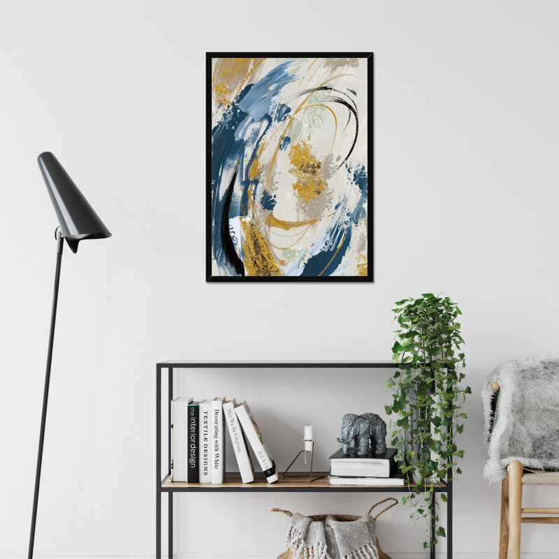 Blue Yellow Abstract - Painting, Black Framed Paper Print, 80cm H x 55cm W x 2.3cm D