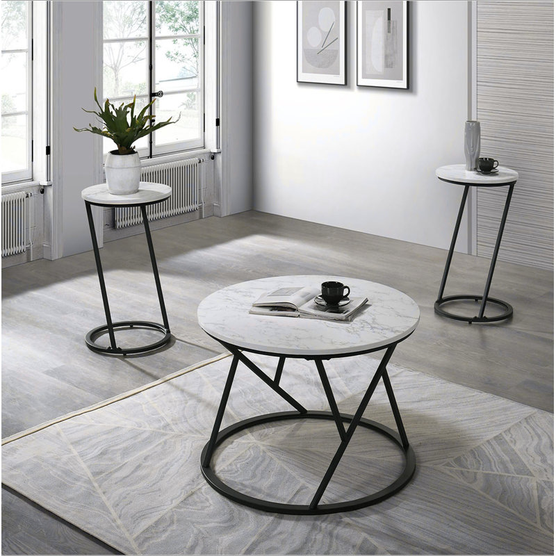 Ensemble de table 3 pièces de style contemporain 1 table basse 2 tables de bout 2 pièces, Blanc