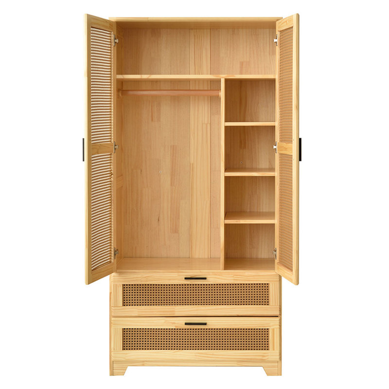 Armoire en rotin massif avec 2 tiroirs, Naturel