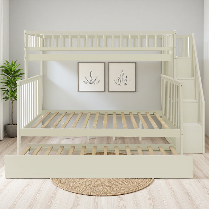 Lit simple superposé au dessus d'un escalier avec lit gigogne, Crème, crème