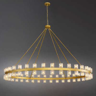 Lustre en forme de roue de chariot de 70,1 pouces avec abat-jour en cristal