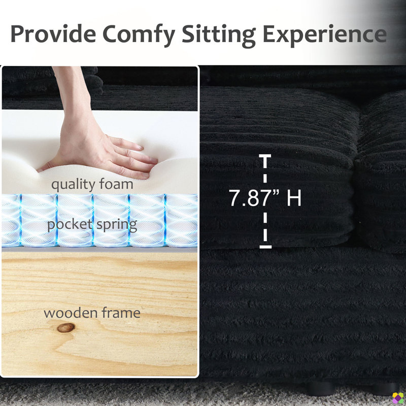 Gus 79.3"W Corduroy Sofa Couch, Black