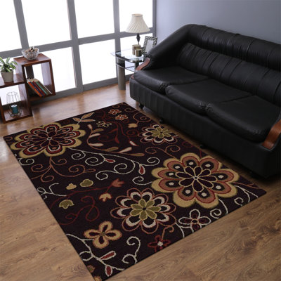Tapis Candita en laine tuftée à la main, écologique - 274 x 366 cm, rectangulaire, marron, motif floral moderne, épais et à poils longs, antidérapant, idéal pour le salon et la chambre.