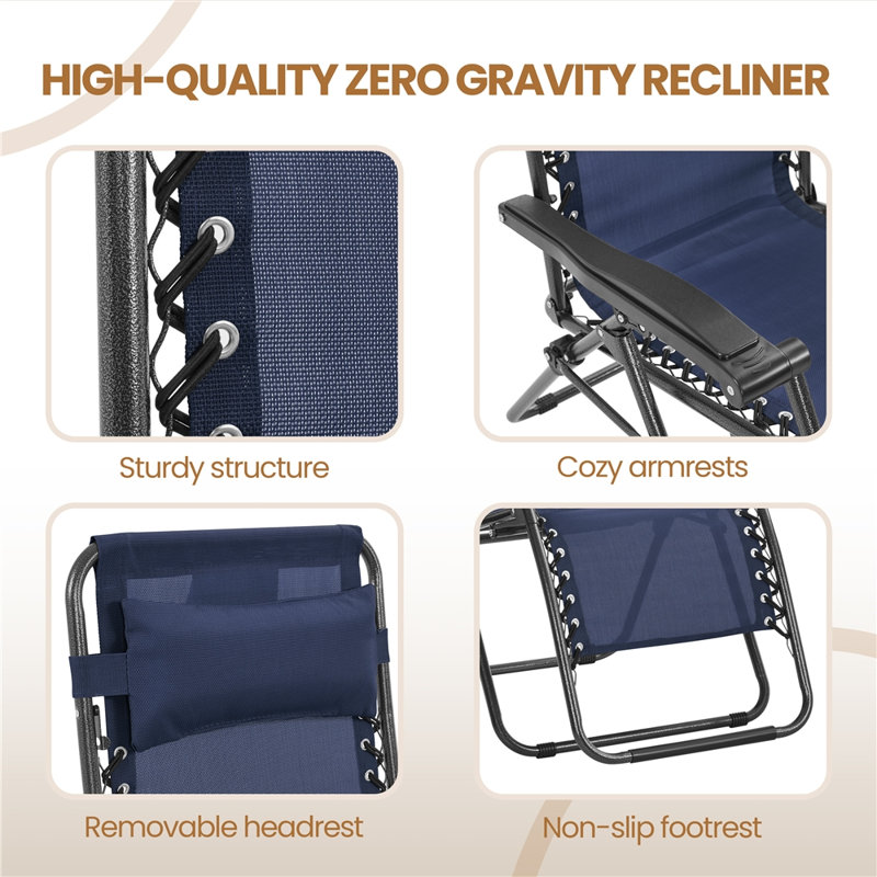 25in Outdoor Zero Gravity Chair with Cupholder and Pillow, Navy Blue/Black