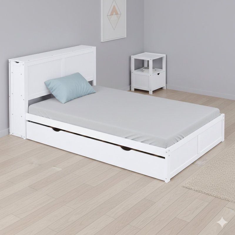 Lit plateforme blanc avec rangement pleine grandeur avec tablettes coulissantes et lit gigogne simple