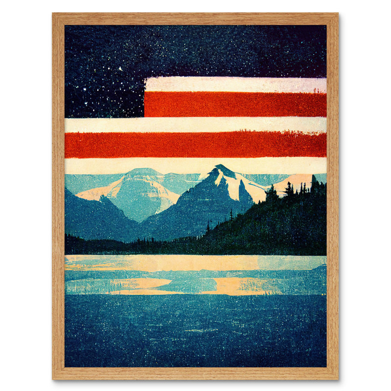 Glacier National Park American Flag - Print, 43cm H x 33cm W x 2cm D, Light Brown Framed Paper