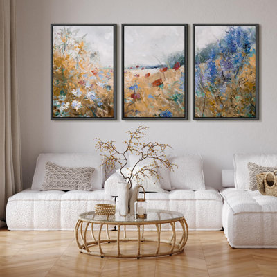 Wildflowers " Impressionist Wildflowers Floral Illustration Modern Decor Multicolor Relax Calm Chic " 3 - Pieces