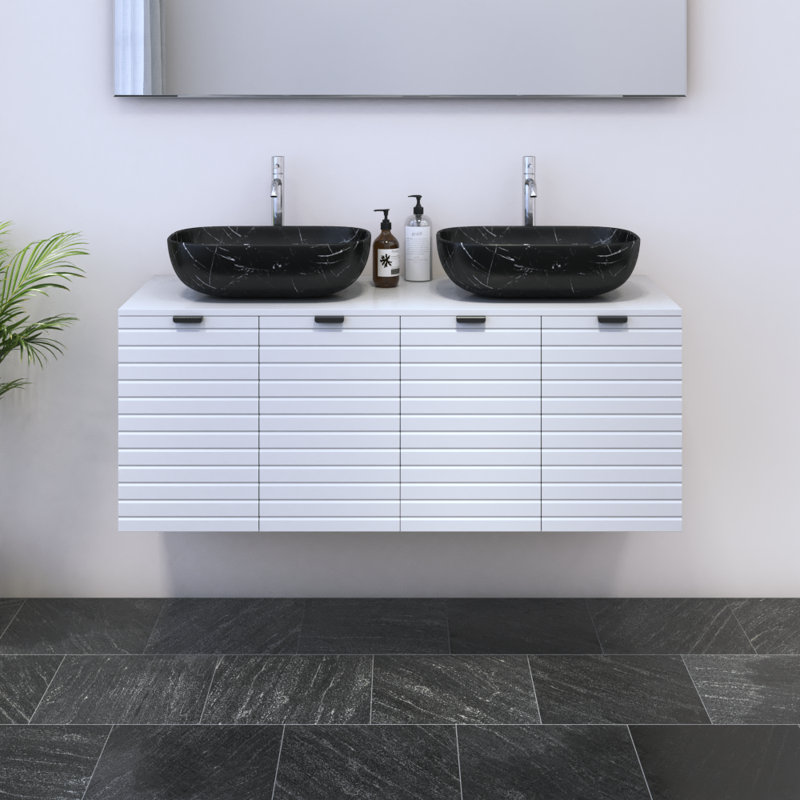 Meuble-lavabo double 47,2 po avec plateau en bois manufacturé Karaya, Noir, Blanc