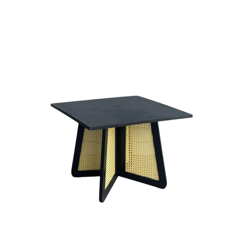 Bot Cane Square End Table with Natural Woven Inlay – Modern Wood Accent Table 