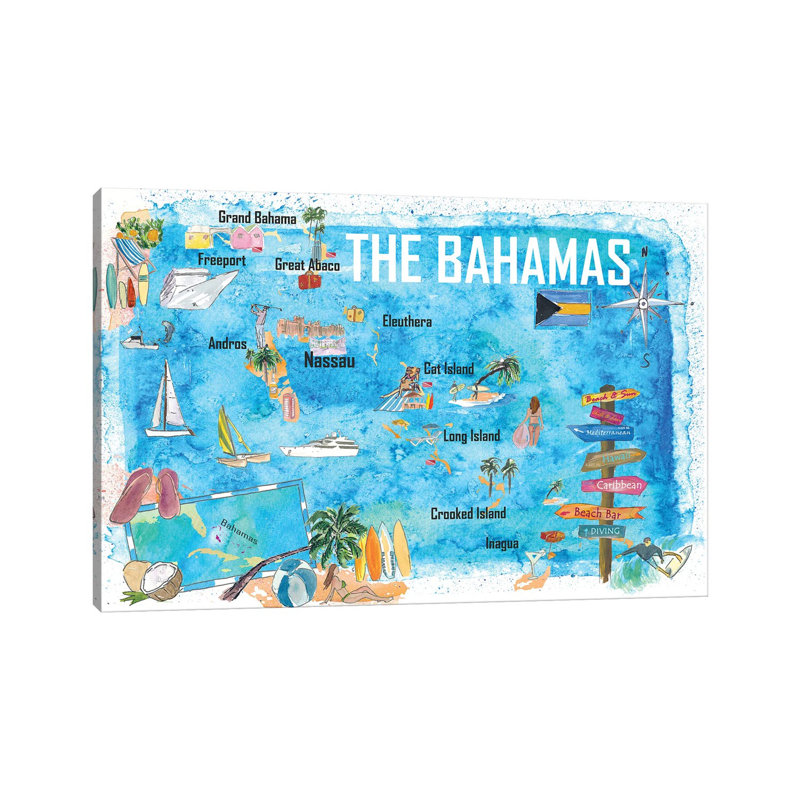 The Bahamas Illustrated Map With Main Roads Landmarks And Highlights by Markus & Martina Bleichner - Wrapped Canvas Print
