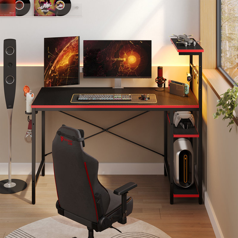 Monike 44'' W Computer Desk With Led Lights & Reversible Storage Shelves,Home Office Desk With Hooks, CPU Stand,Cup Holder and Cloud Magnets.