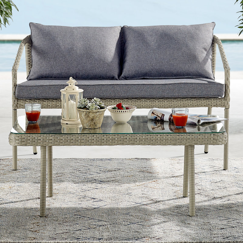 All-Weather Wicker & Glass Outdoor Patio Coffee Table 2-Person 42 in. - Durable Modern Weather-Resistant & Weatherproof Mixed-Material Seating Accessory for Porch & Patio