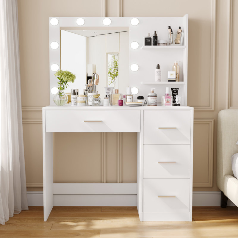 Table de coiffeuse avec miroir lumineux, bureau de coiffeuse avec tablette de rangement et 4 tiroirs, Blanc