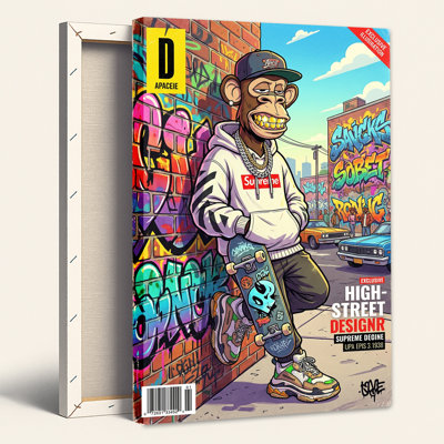 Tableau sur toile représentant un singe skateur de dessin animé dans une ruelle de graffitis